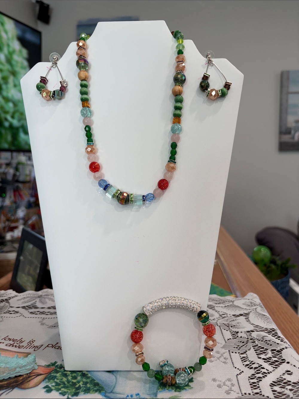 Multicolor Beaded Necklace, Bracelet & Earring Set - Green Accents
